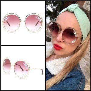💕CHLOE💕 Carlina Round Oversized Sunglasses ~ Gold Pink with Decals New in Box